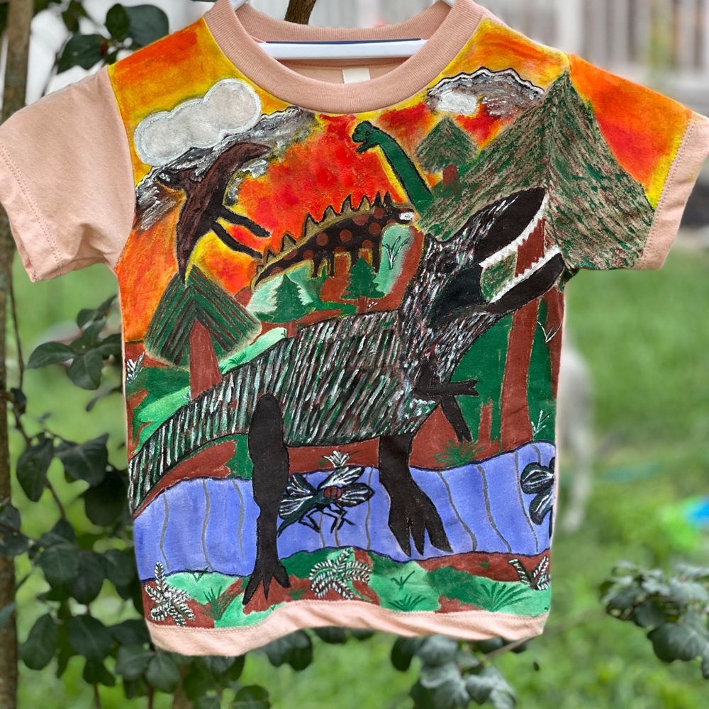 Beforeland handpainted dinosaur safari cotton polyester short sleeve shirt